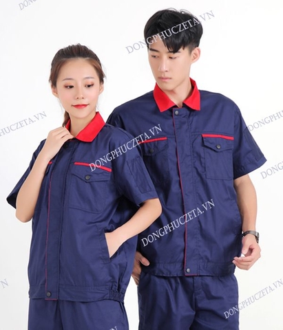 Đồng phục bảo hộ lao động nhà máy, cơ khí cộc tay mùa hè màu xanh navy phối đỏ