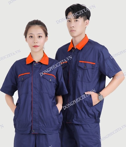 Đồng phục bảo hộ lao động nhà máy, cơ khí cộc tay mùa hè màu xanh navy phối cam