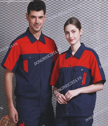 Quần áo đồng phục bảo hộ đẹp giá rẻ may sẵn màu xanh đen phối đỏ