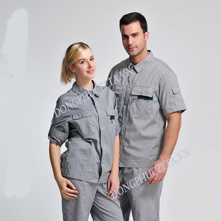 Quần áo đồng phục bảo hộ đẹp giá rẻ may sẵn màu ghi sáng