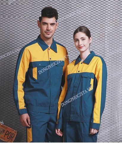 Quần áo đồng phục bảo hộ đẹp giá rẻ may sẵn màu xanh blue phối vàng