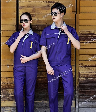 Mẫu đồng phục bảo hộ đẹp giá rẻ may sẵn màu xanh dương phối cổ ghi cộc tay