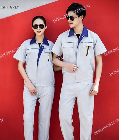 Mẫu đồng phục bảo hộ đẹp giá rẻ may sẵn màu ghi sáng phối xanh cộc tay