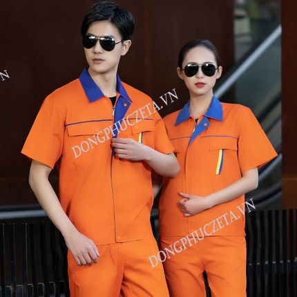 Mẫu đồng phục bảo hộ đẹp giá rẻ may sẵn màu da cam phối nẹp xanh cộc tay