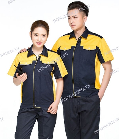 Đồng phục kỹ sư cộc tay kéo khóa màu đen phối vàng cho cơ khí, xưởng sản xuất