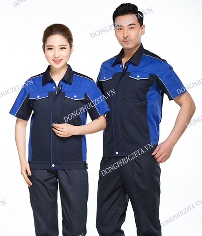 Đồng phục kỹ sư mùa hè cộc tay, cài bút tay trái, bo gấu màu xanh đen