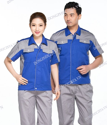 Đồng phục kỹ sư mùa hè công trình xây dựng cộc tay màu xanh dương