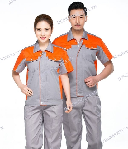 Đồng phục kỹ sư mùa hè cơ khí cộc tay màu ghi phối cam