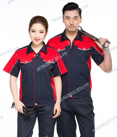 Đồng phục kỹ sư công trình xây dựng cộc tay màu đen phối đỏ