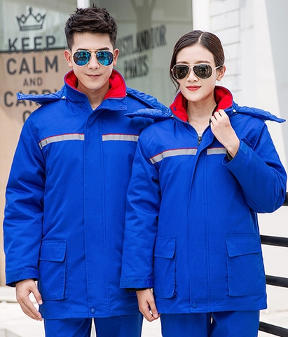 Áo khoác đồng phục kỹ thuật mùa đông phản quang, túi hộp màu xanh dương