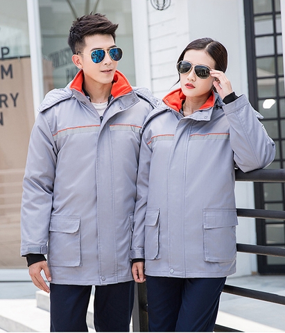 Áo khoác đồng phục kỹ thuật mùa đông phản quang, túi hộp màu ghi