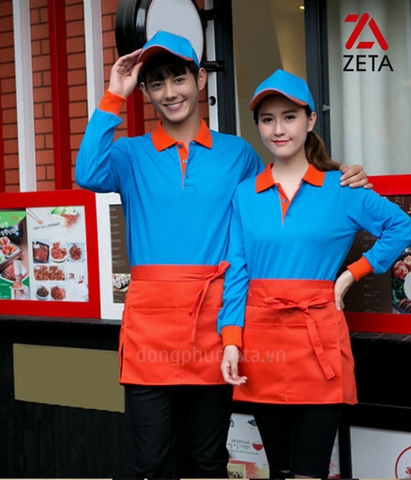 Đồng phục áo phông phục vụ nhà hàng màu xanh da trời dài tay