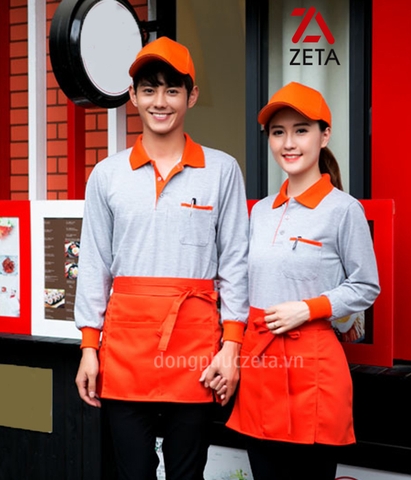 Đồng phục áo phông phục vụ nhà hàng màu ghi phối cam dài tay