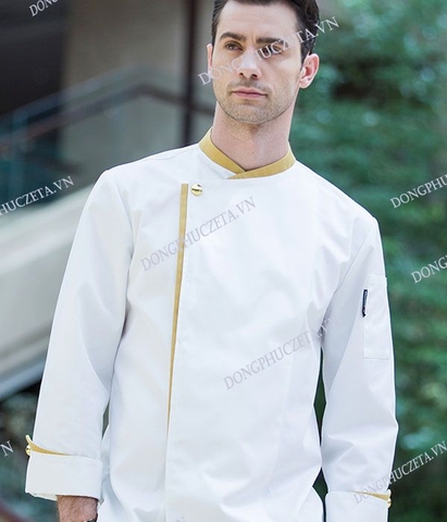 Đồng phục bếp nhà hàng khách sạn màu trắng phối vàng dài tay