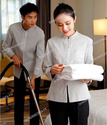 Đồng phục buồng phòng màu ghi sáng dài tay mùa đông cho khách sạn 4 sao nhà nghỉ cao cấp