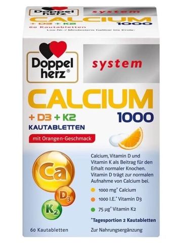 Viên nhai bổ sung Canxi+ D3+ K2 Doppelherz Calcium 1000 vị cam 60v - Đức
