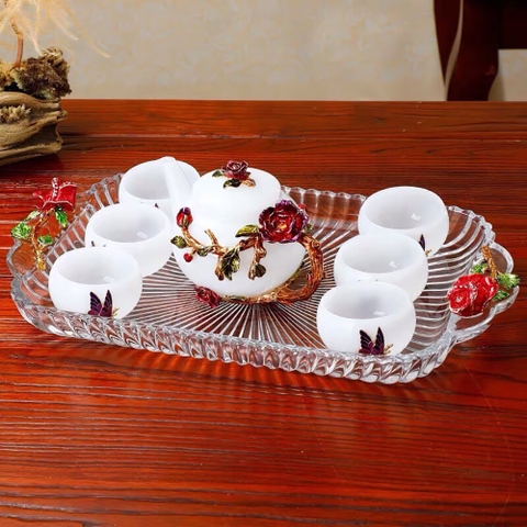 Ấm chén sứ thủy tinh đắp họa tiết nổi 3D