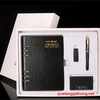 Bộ quà tặng Giftset 4 sản phẩm : Sổ Da Gáy Còng + Bút Ký + Hộp đựng Namecard + USB