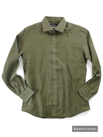 Áo Sơ Mi Nam Hazzys Linen Olive Plain Slim Fit Shirt - SIZE S-M