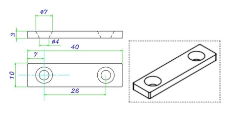 Nam châm chữ nhật có lỗ, Nam châm đất hiếm KT 40x10x3mm 2 lỗ côn 4-7 siêu mạnh