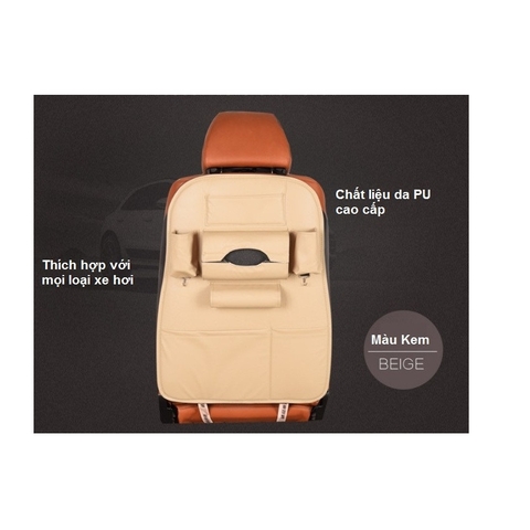 Bộ 1 túi đựng đồ 7 ngăn sau ghế xe hơi đa năng bằng da cao cấp (màu kem)
