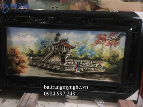 Tranh sứ màu vẽ cảnh chùa Một cột cả khung 50*80