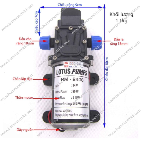 Bơm Áp Lực 24V HM-2406 (6L/P) | Máy bơm HM2406 24V