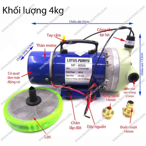 Bơm Áp Lực 12V 24V MT-6020 (20L/P) | Máy Bơm MT6020 12V | Máy Bơm MT6020 24V