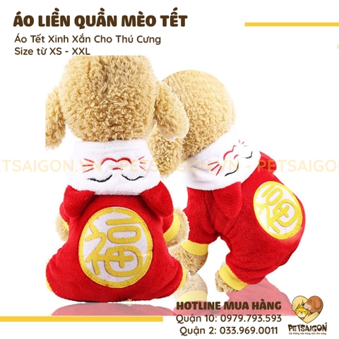 Áo Liền Quần Cho Chó Mèo Hình Mèo Tết