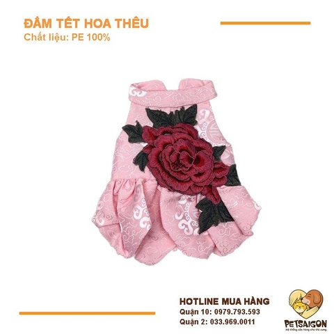 Áo Tết Cho Chó Mèo - Đầm Tết Hoa Thêu