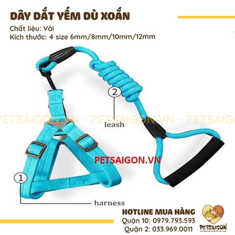 Dây Dắt Yếm Cho Chó Mèo Dây Xoắn Bằng Dù