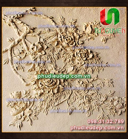 Tranh phù điêu hoa mẫu đơn và chim 010