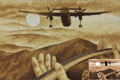 Tranh Gạo Phong Cảnh Máy Bay Và Cầu Vàng