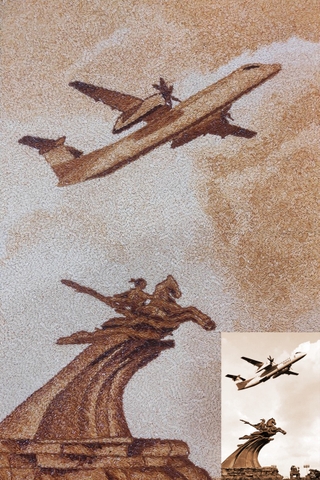 Tranh Gạo Phong Cảnh Máy Bay Và Tượng Thánh Gióng