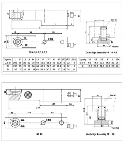 Hình ảnh bản vẽ cơ khí loadcell SB Mettler Toledo khả năng chịu tải từ 0.3 - 10 tấn.