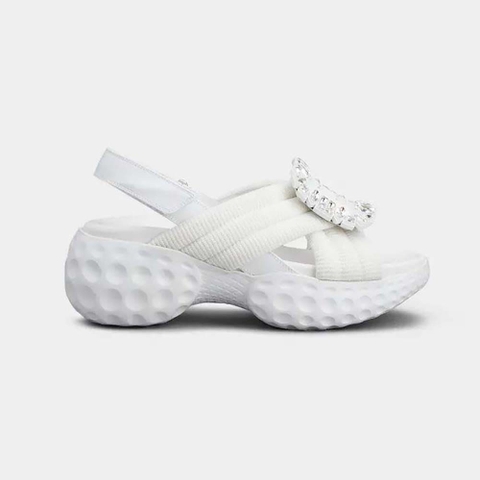 GIÀY Roger Vivier Women Viv’ Run Light Strass Buckle Sandals in Fabric-White