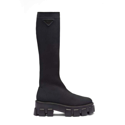GIÀY Prada Women Monolith Knit Boots with Embossed Rubber Triangle Logo