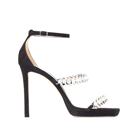 GIÀY Jimmy Choo Women Bing Sandal 105 Black Suede Sandals with Crystal Straps
