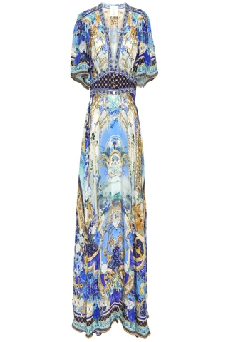 VÁY CAMILLA Silk Blue Cardigan Embellished V-Neck Maxi Dress High Classy