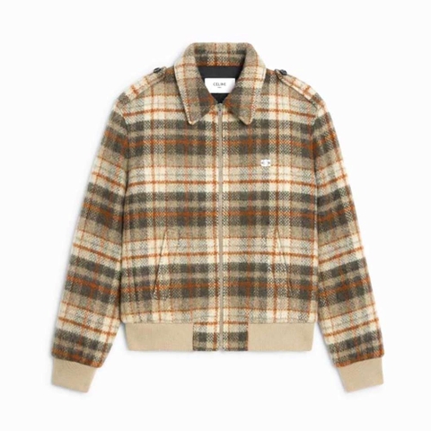 ÁO Celine Loose Teddy Jacket in Brushed Checked Tweed