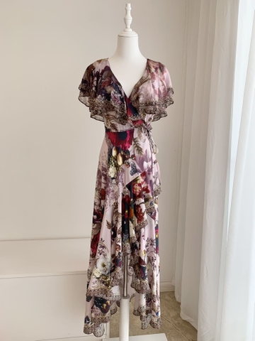 VÁY CAMILLA ROUND NECK Tuxedo Silk Diamond Purple Rose Short Sleeve High Classy