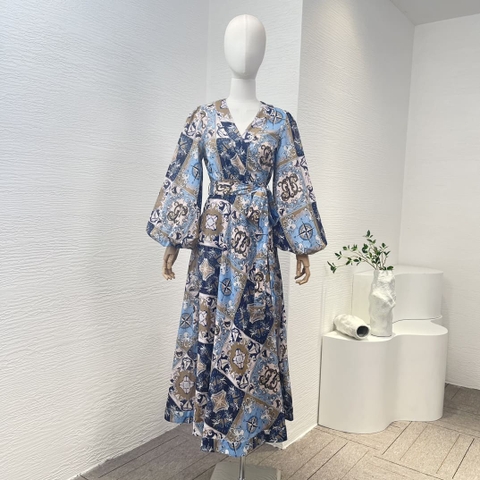 VÁY ZIMMERMANN Blue Plaid Long Lantern Sleeve Wrap Midi Dress High Classy