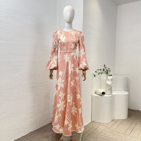 VÁY ZIMMERMANN Pink Floral Print Lantern Sleeve Vinatge Midi Dress High Classy