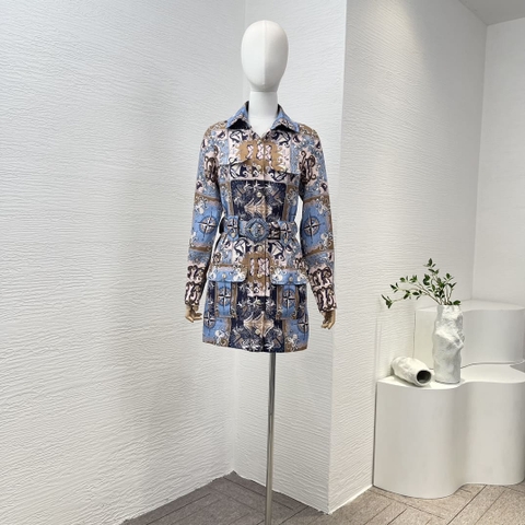 VÁY ZIMMERMANN Blue Plaid Print Turn Down Collar Long Sleeve Mini Dress High Classy