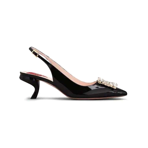 GIÀY Roger Vivier Women Virgule Strass Buckle Slingback Pumps in Patent Leather-Black