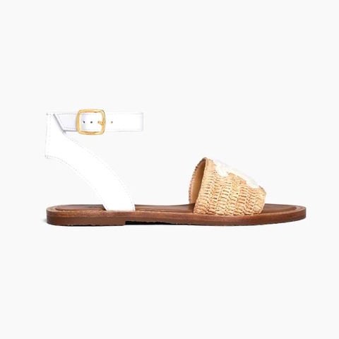 GUỐC Celine Women Lympia Flat Strap Sandal in Raffia & Calfskin-White