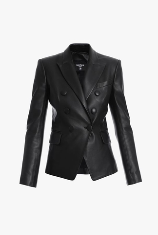 ÁO BALMAIN Black leather blazer with double-breasted buttoned closure