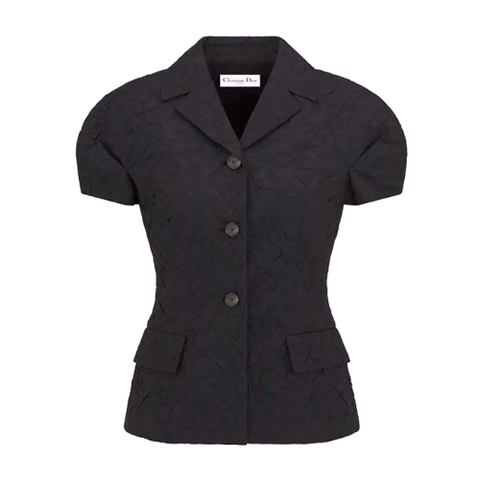 ÁO Dior Women Fitted Jacket with Puff Sleeves Black Cloqué-Effect Technical Jacquard