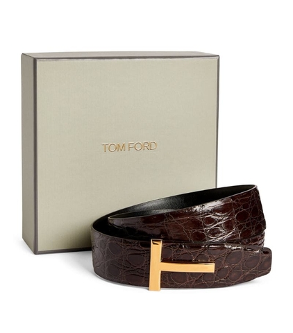 DÂY LƯNG TOM FORD Croc-Embossed Leather Reversible T Icon Belt khóa vàng