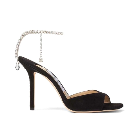 GIÀY Jimmy Choo Women Saeda Sandal 100 Black Suede Sandals with Crystal Embellishment